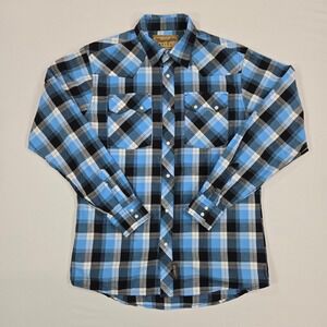 Wrangler Retro Western Shirt Blue Black Plaid Long Sleeve Snap Button Boys XL